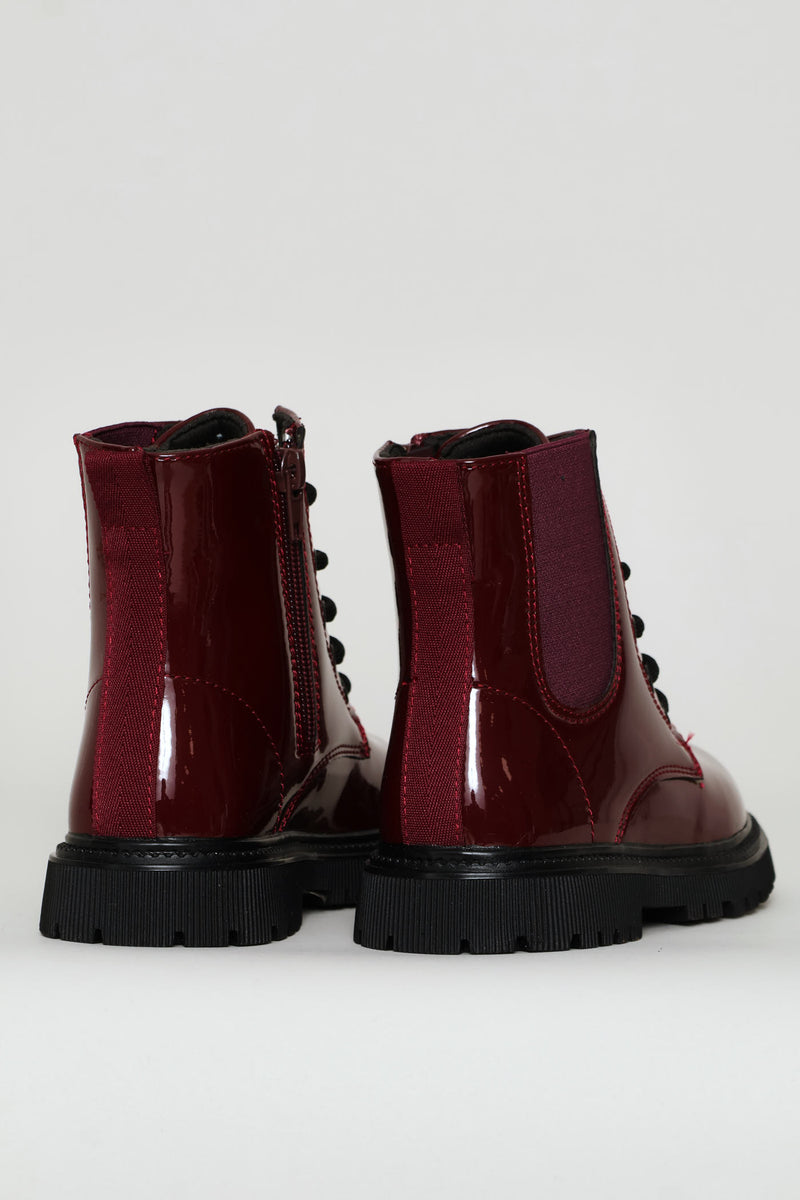 Girls Patent Military Boot - Burgundy