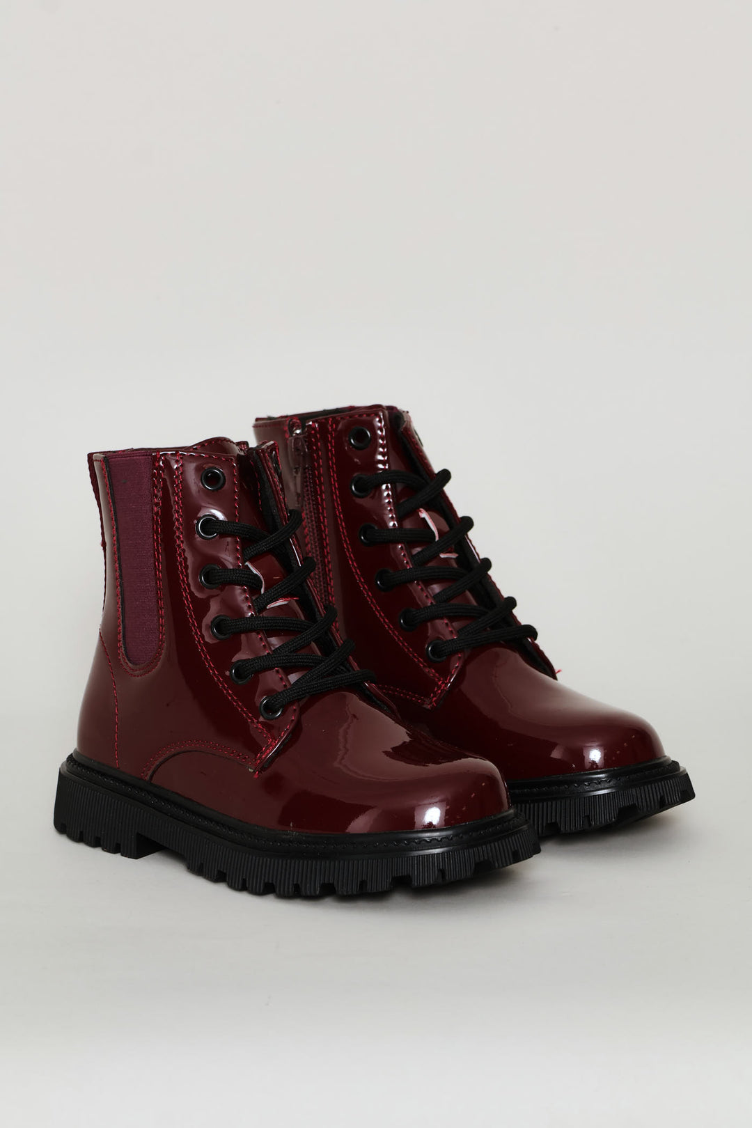 Girls Patent Military Boot - Burgundy