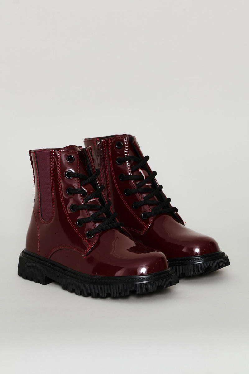 Girls Patent Military Boot - Burgundy