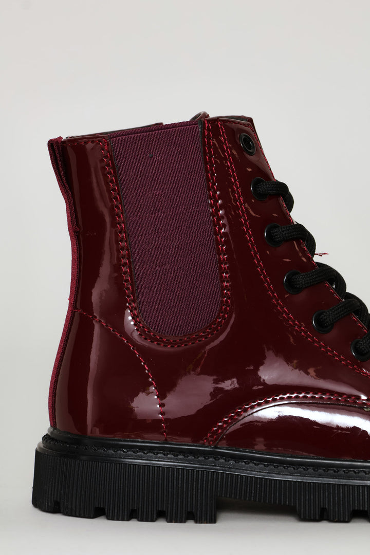 Girls Patent Military Boot - Burgundy