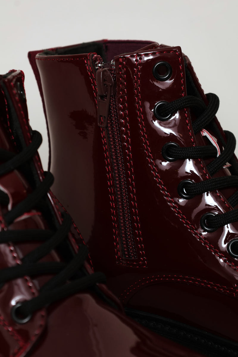 Girls Patent Military Boot - Burgundy