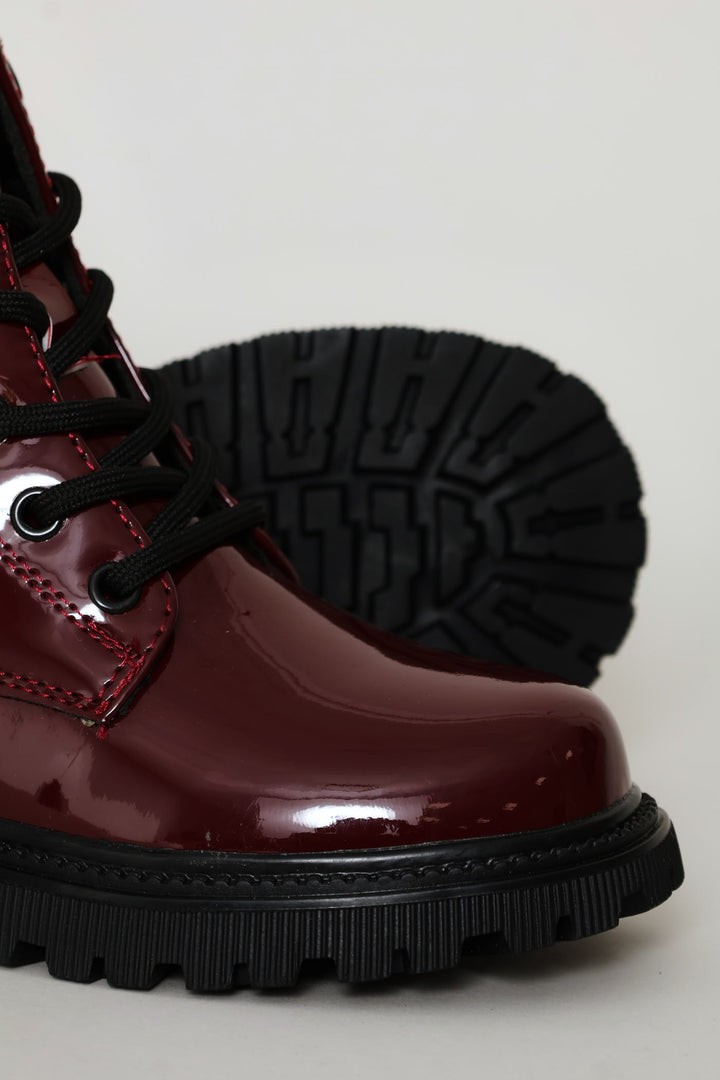 Girls Patent Military Boot - Burgundy
