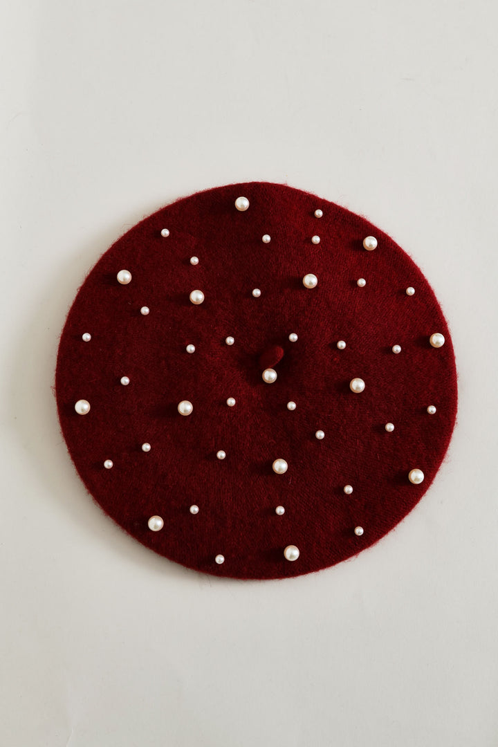 Faux Pearl Beaded Beret - Burgundy