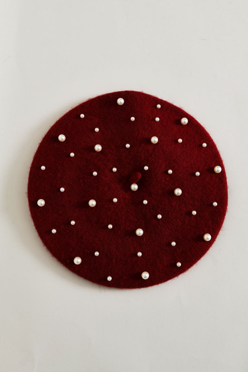 Faux Pearl Beaded Beret - Burgundy