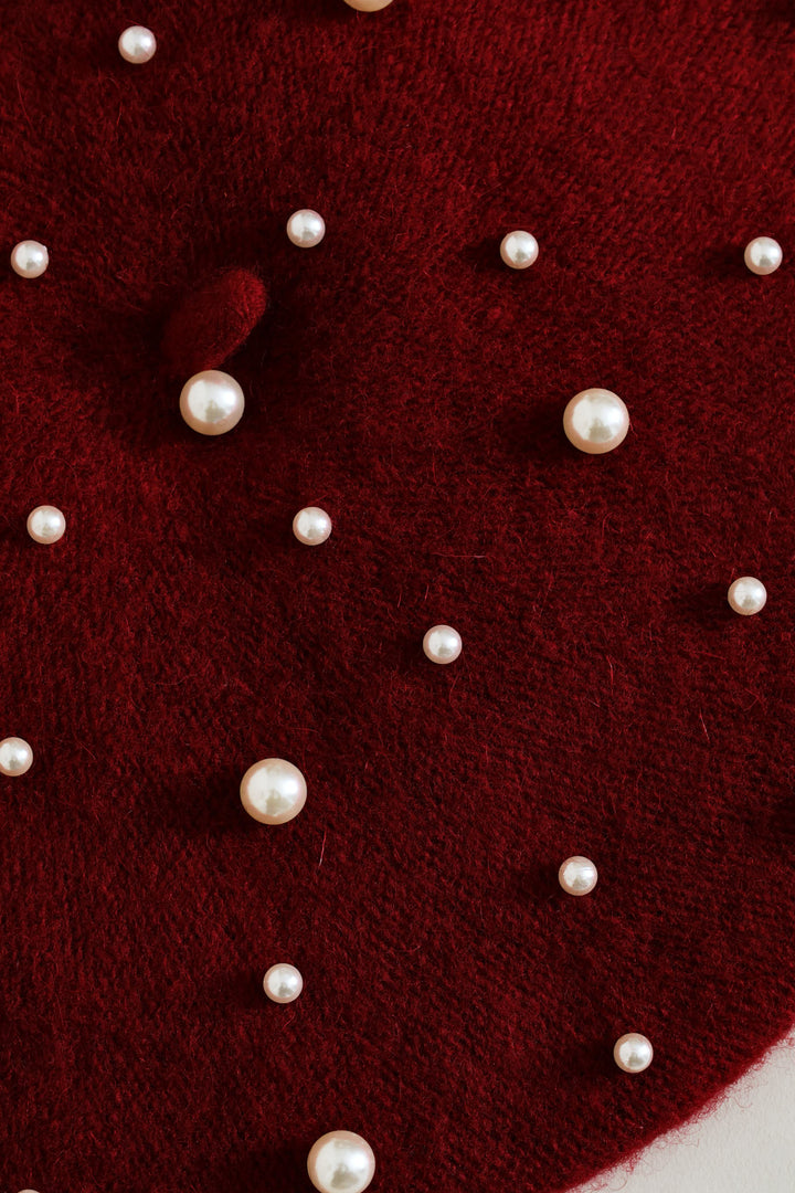 Faux Pearl Beaded Beret - Burgundy