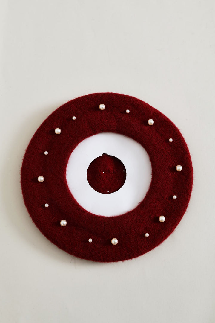 Faux Pearl Beaded Beret - Burgundy
