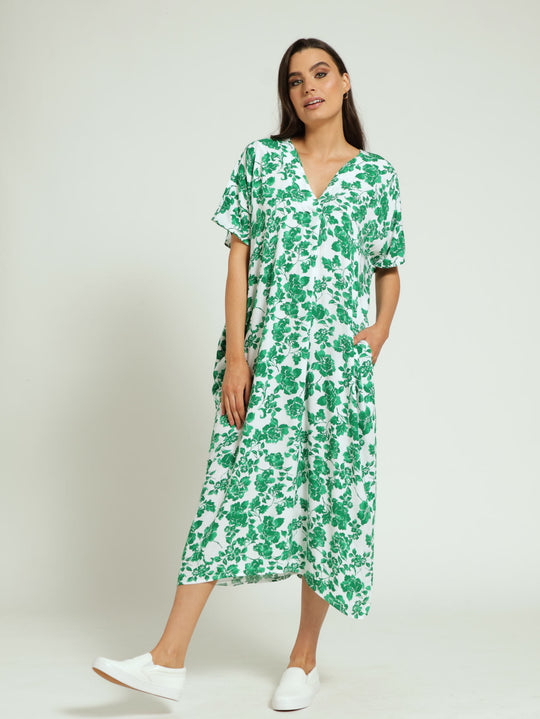 VNeck Kaftan Pleated Front Midaxi Dress White/Green Edgars