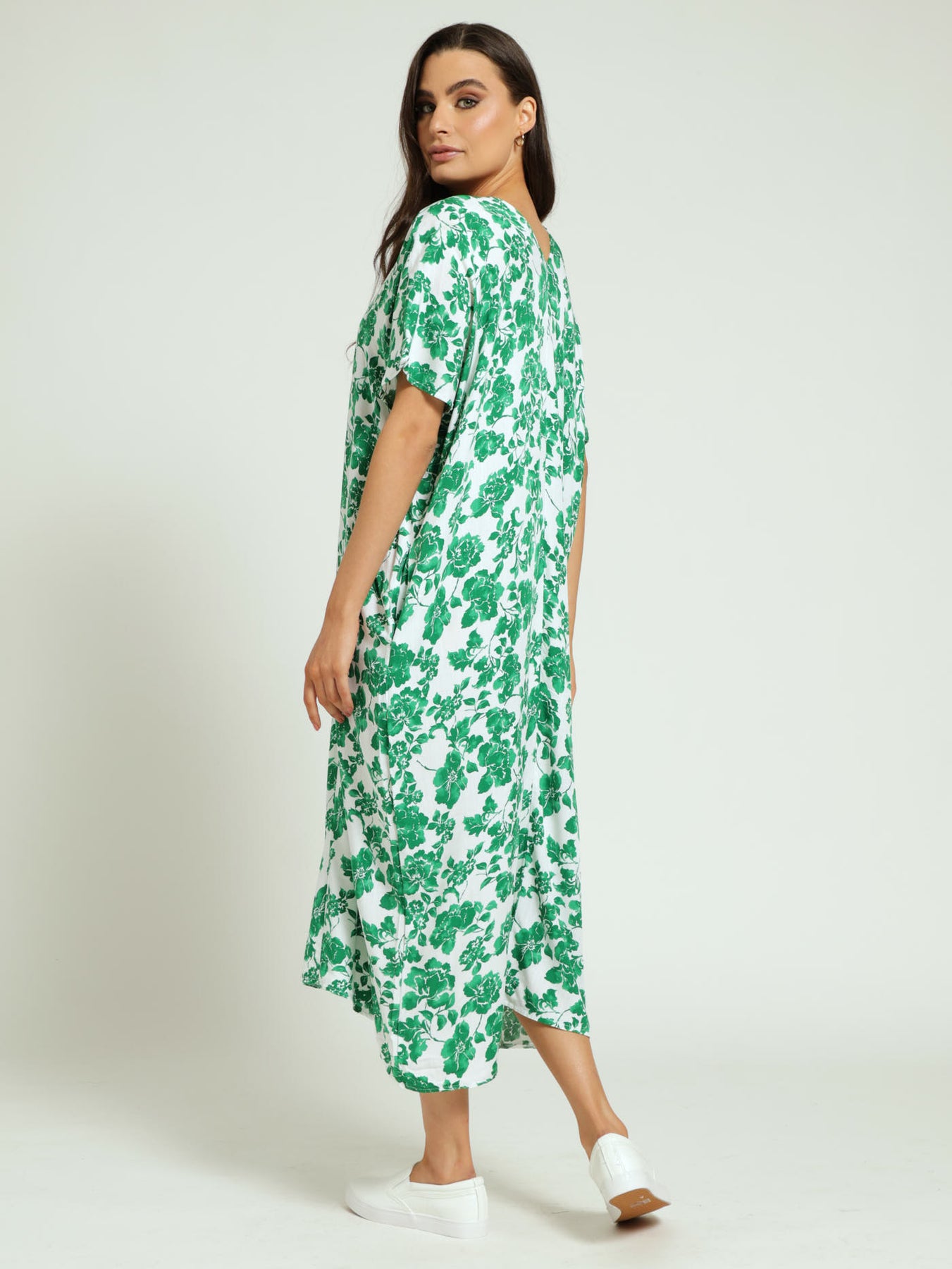 VNeck Kaftan Pleated Front Midaxi Dress White/Green Edgars