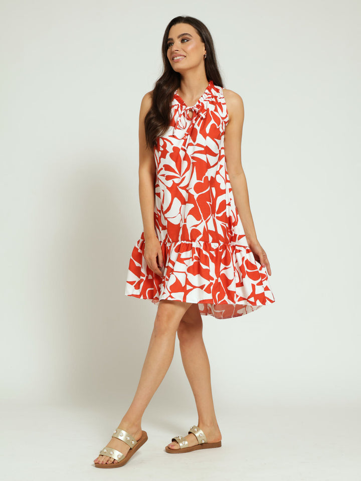 Frill Neck Drop Hem Dress - Orange