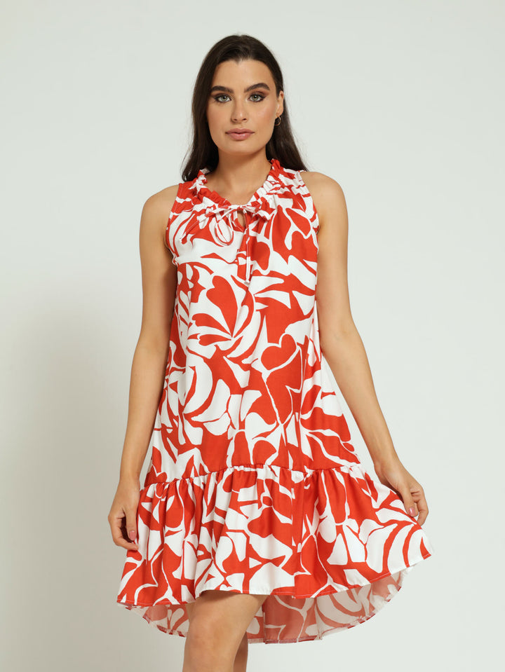 Frill Neck Drop Hem Dress - Orange