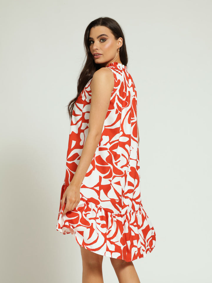 Frill Neck Drop Hem Dress - Orange