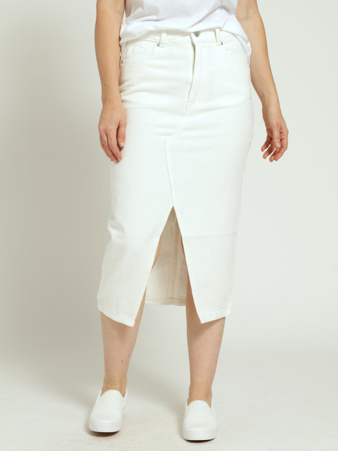 Denim Maxi Skirt With Front Angled Slit White - Main Image