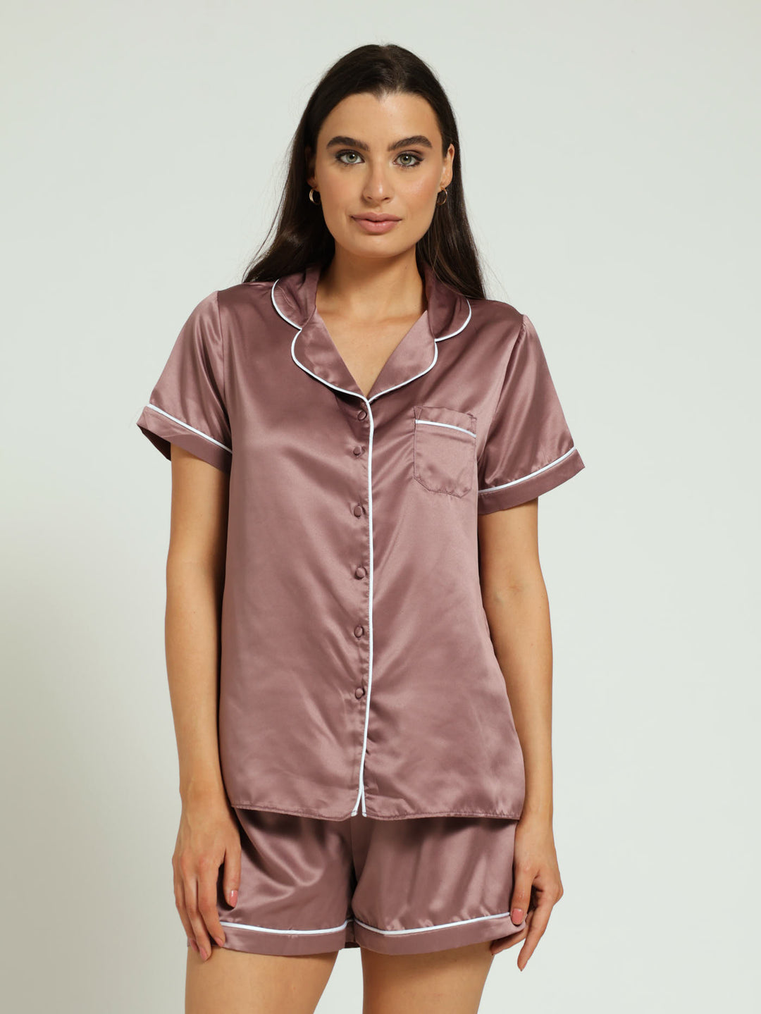 Button Through Satin Top & Short Sleepset - Mocha