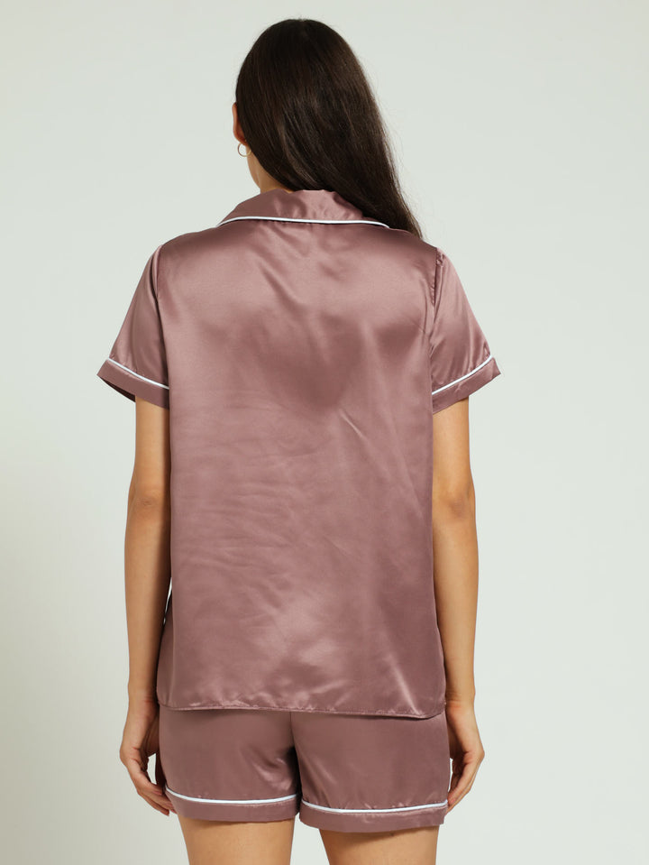 Button Through Satin Top & Short Sleepset - Mocha