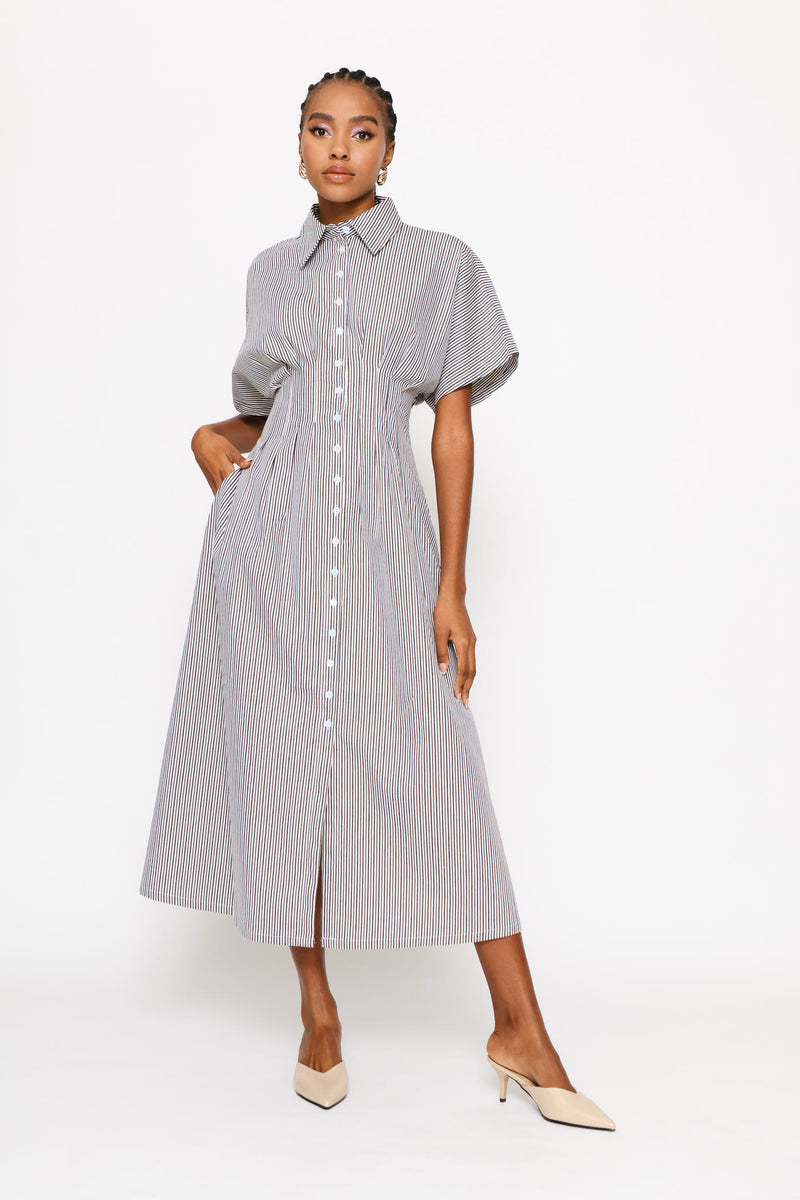 Batwing Sleeve Collared Button Through Dress - Grey