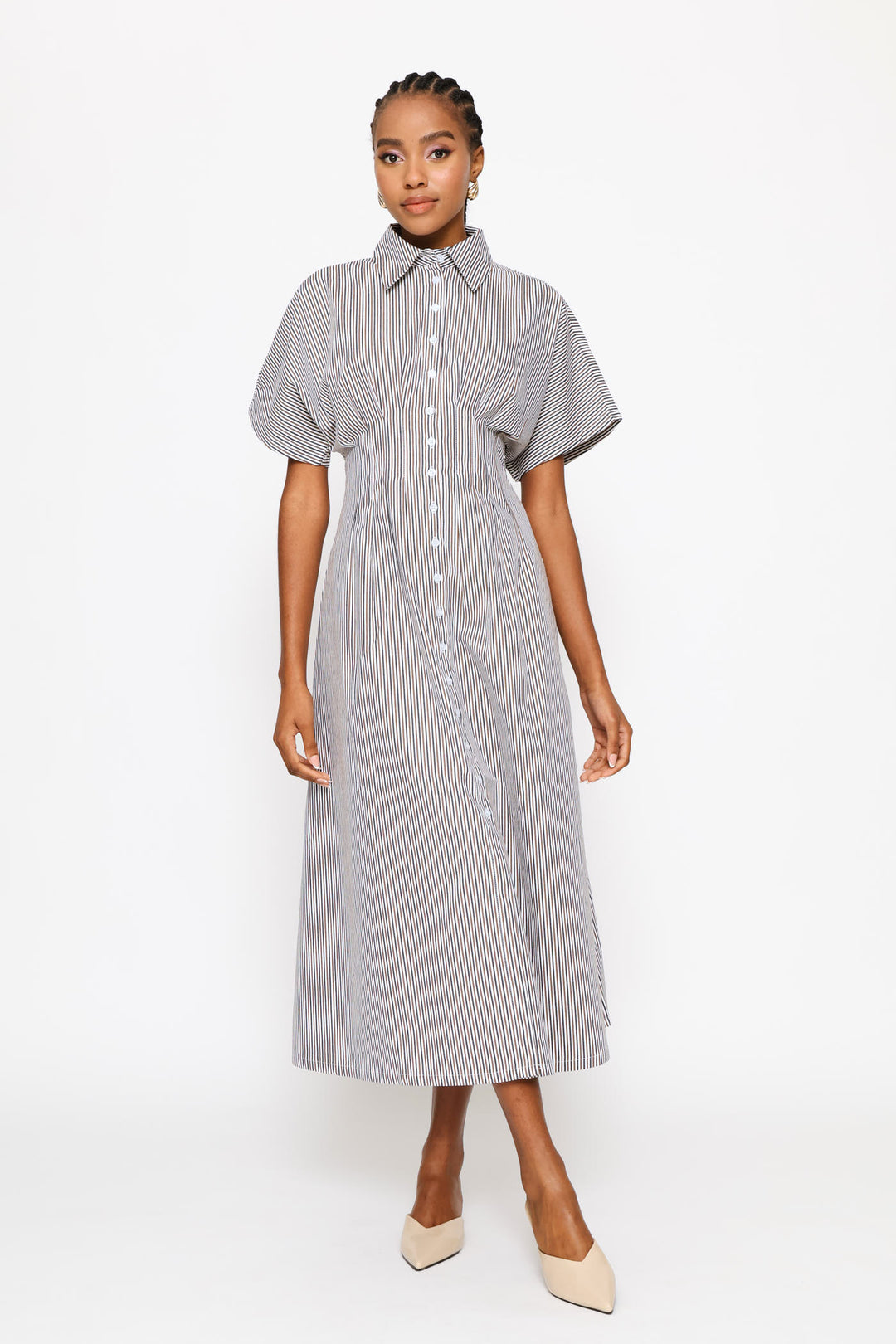 Batwing Sleeve Collared Button Through Dress - Grey