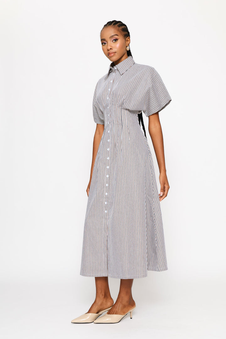 Batwing Sleeve Collared Button Through Dress - Grey