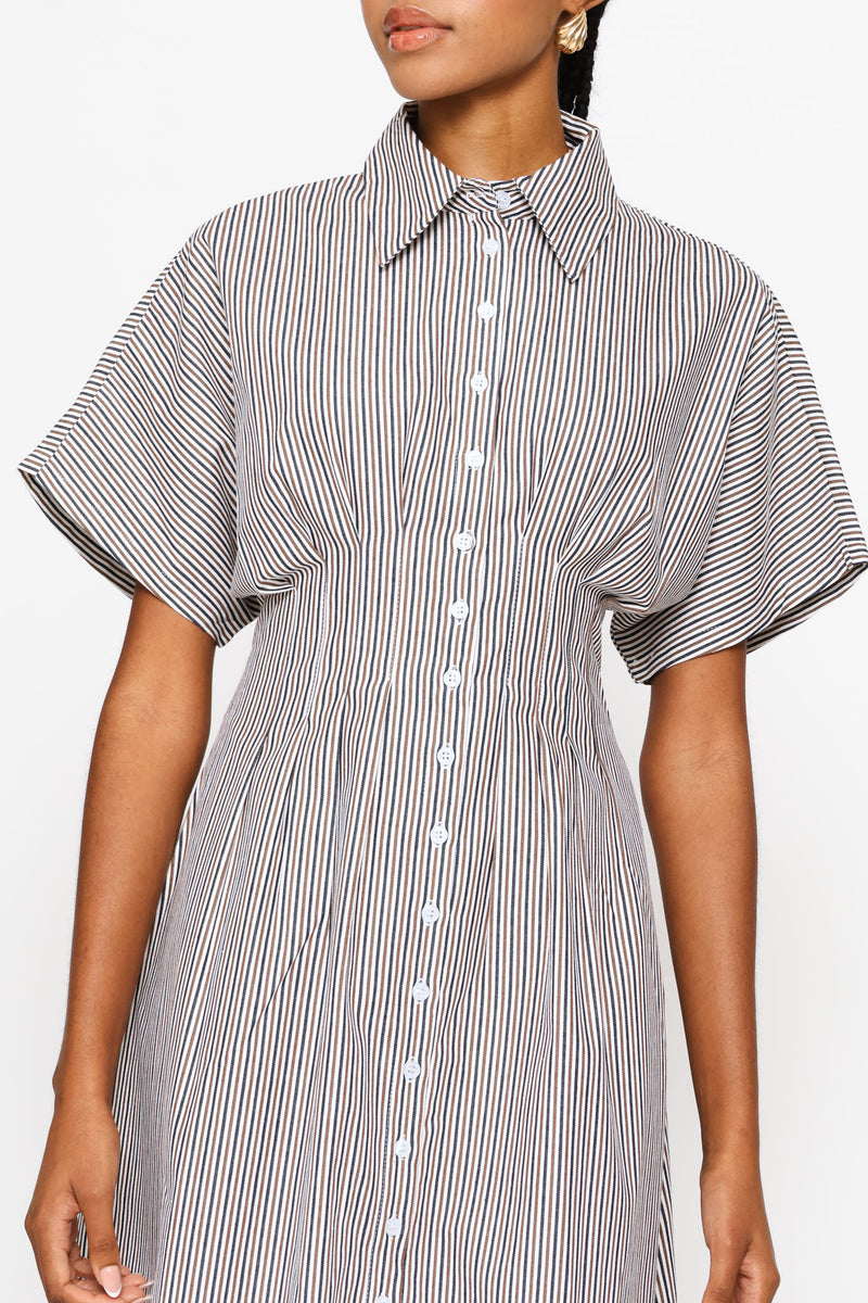Batwing Sleeve Collared Button Through Dress - Grey