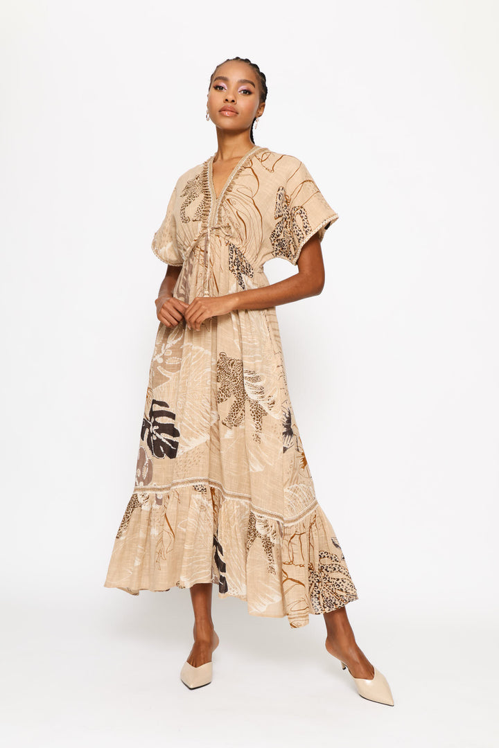 Ladder Lace Allover Print V-Neck Maxi Dress - Beige