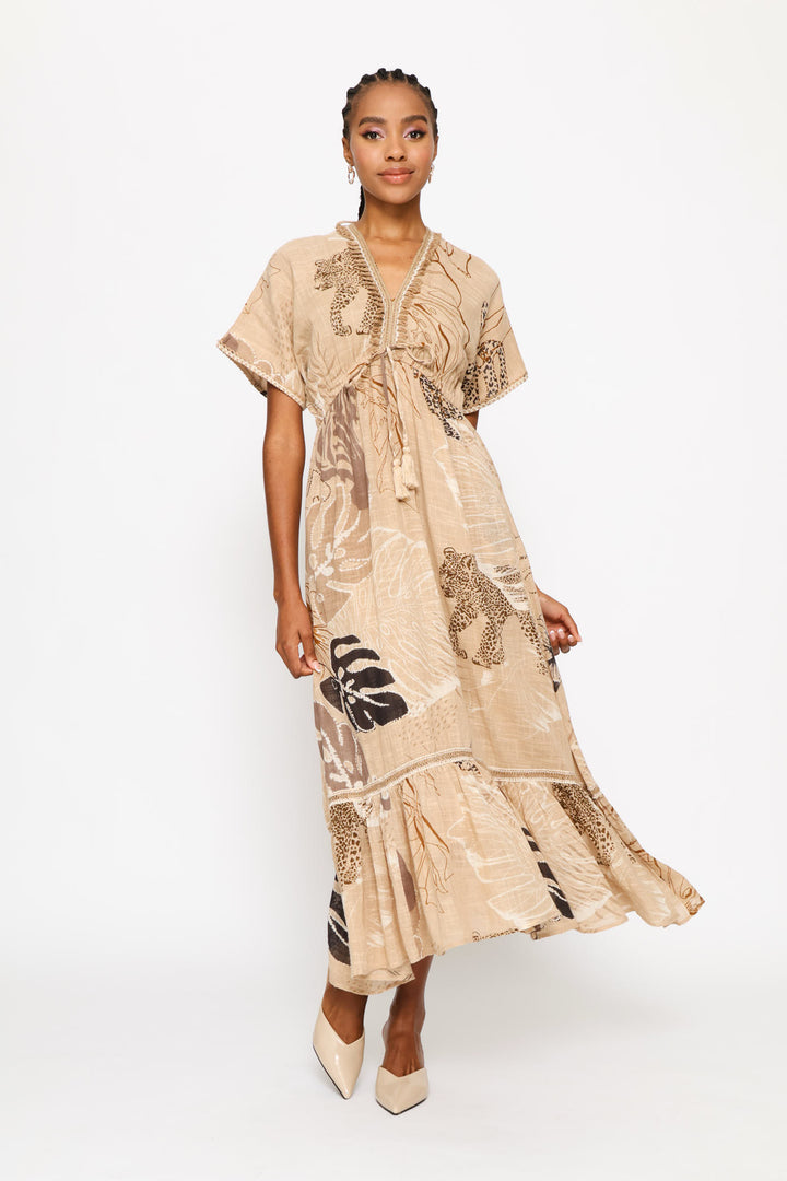 Ladder Lace Allover Print V-Neck Maxi Dress - Beige