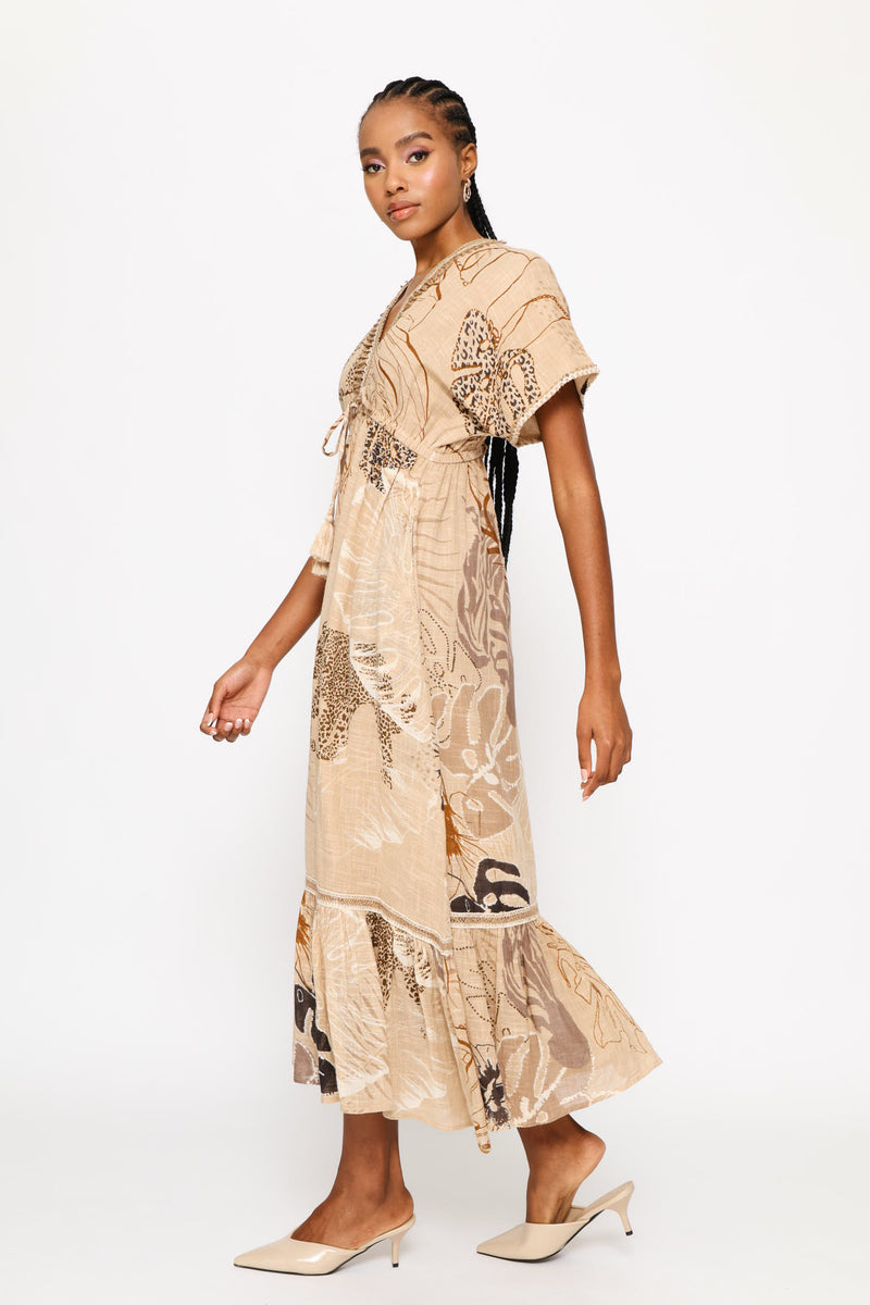 Ladder Lace Allover Print V-Neck Maxi Dress - Beige