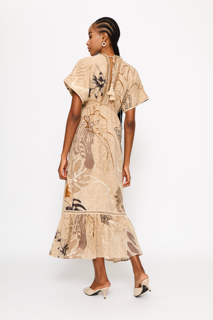 Ladder Lace Allover Print V-Neck Maxi Dress - Beige