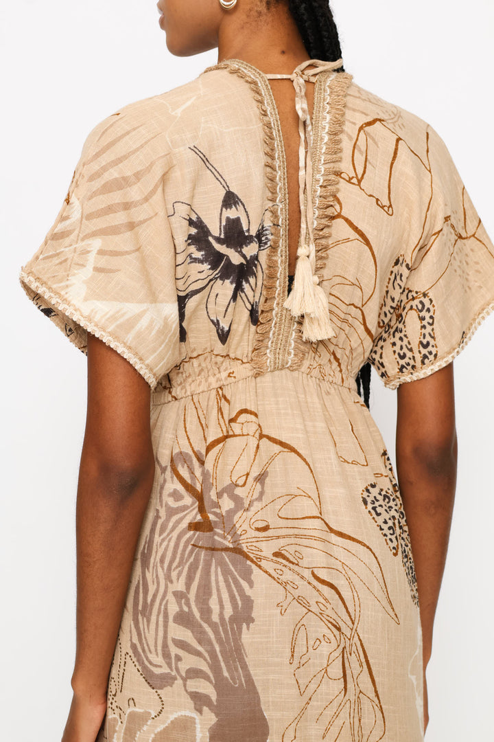 Ladder Lace Allover Print V-Neck Maxi Dress - Beige