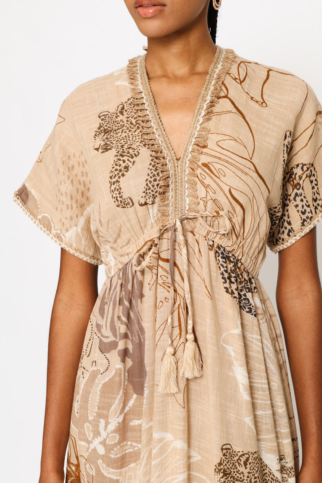 Ladder Lace Allover Print V-Neck Maxi Dress - Beige