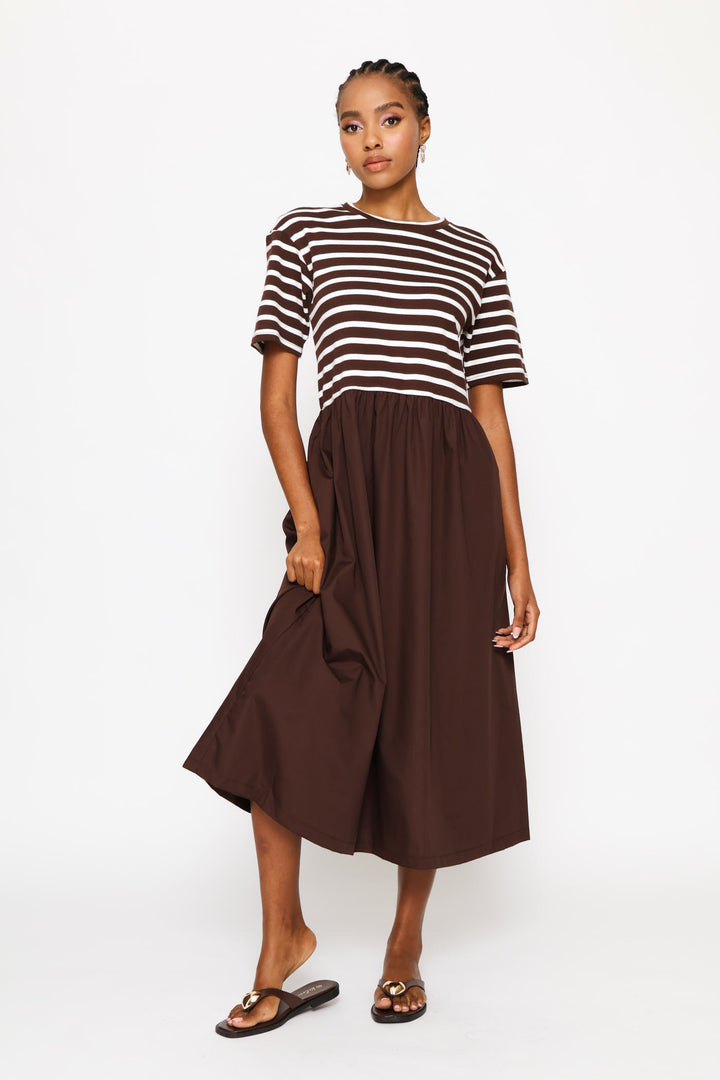 Ballerina Stripe Combo Midi Dress - Cream/Chocolate