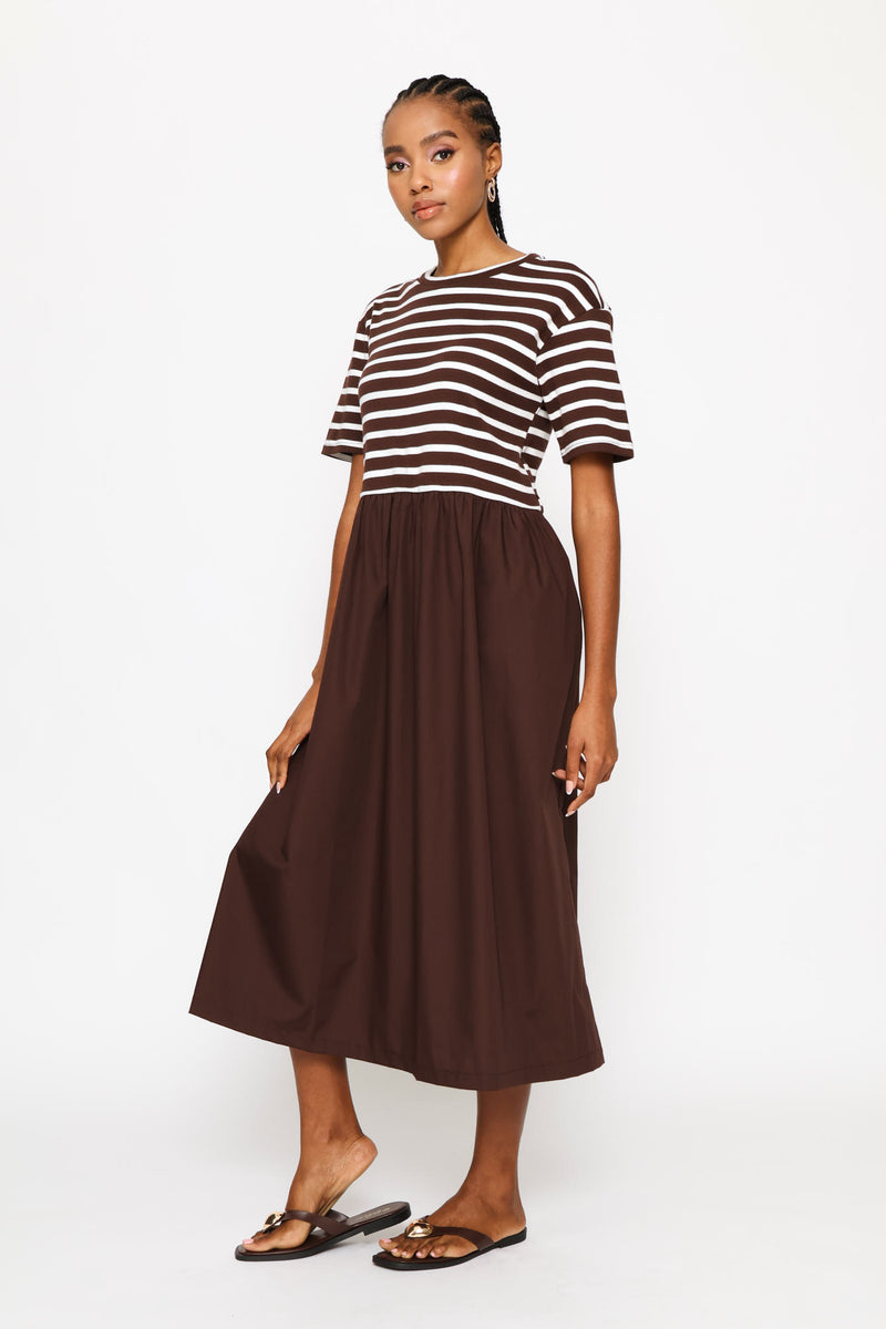 Ballerina Stripe Combo Midi Dress - Cream/Chocolate
