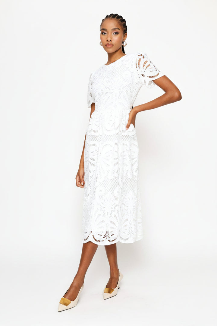 Lace Sleeve & Hem Maxi Dress - White