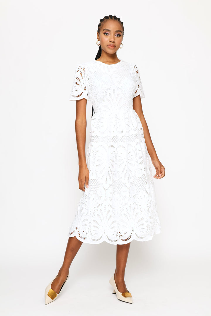 Lace Sleeve & Hem Maxi Dress - White