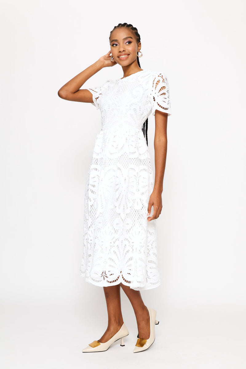 Lace Sleeve & Hem Maxi Dress - White