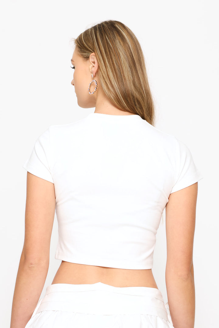Short Sleeve Round Neck Knit Top - White