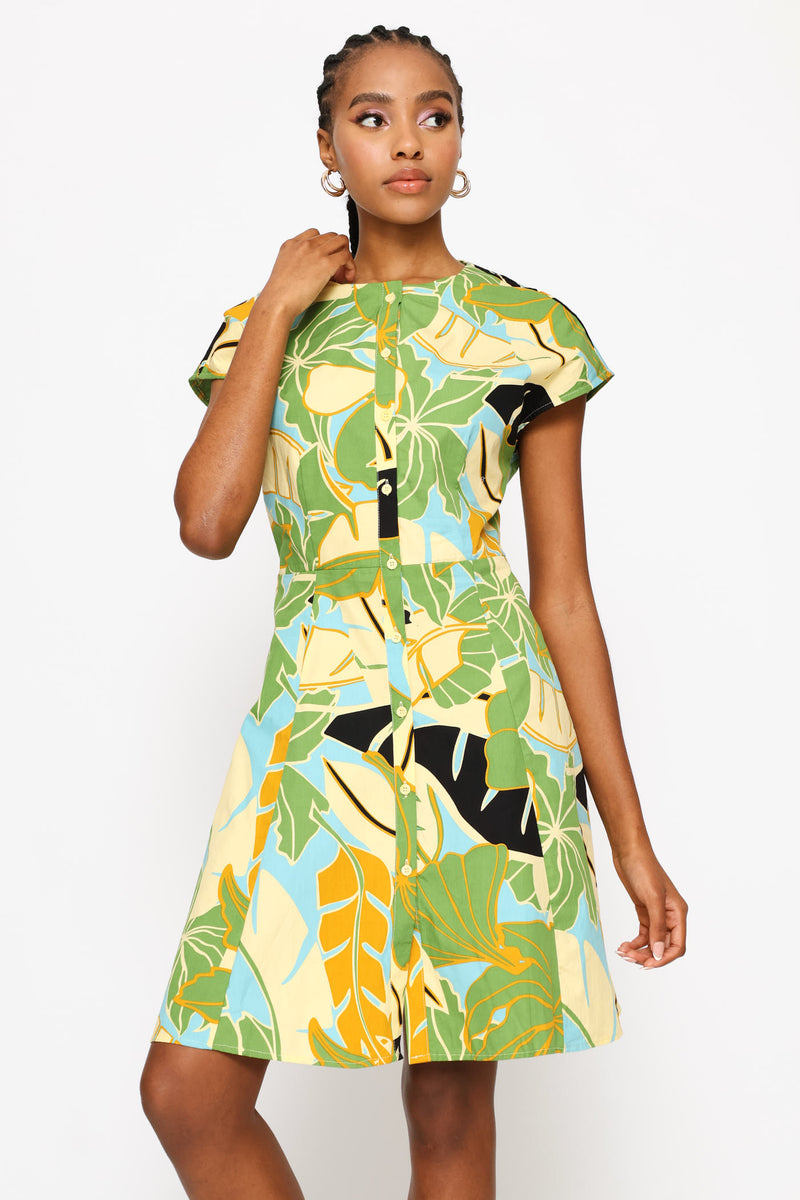 Button Through Waist Detail Skater Mini Dress - Chartreuse/Multi