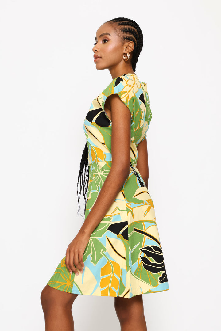 Button Through Waist Detail Skater Mini Dress - Chartreuse/Multi