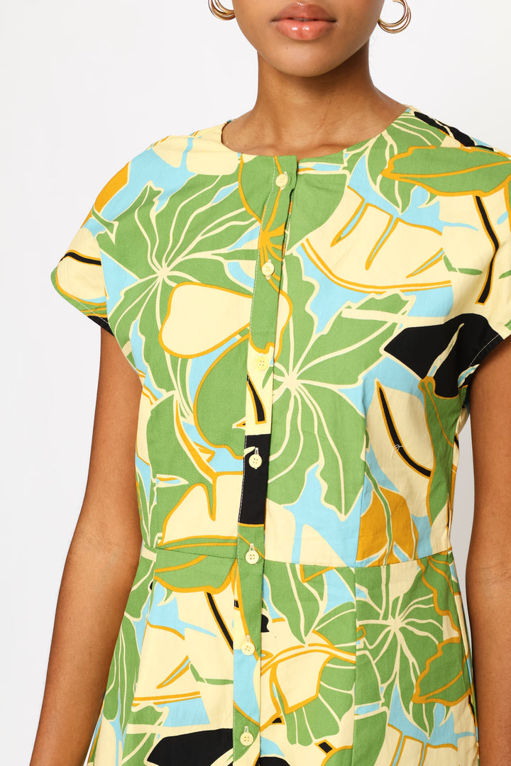 Button Through Waist Detail Skater Mini Dress - Chartreuse/Multi