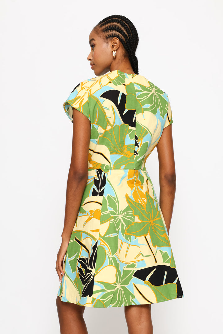 Button Through Waist Detail Skater Mini Dress - Chartreuse/Multi