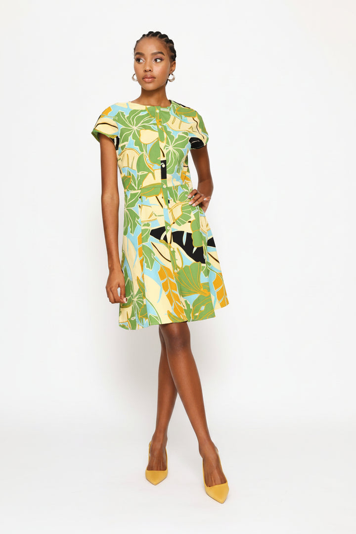 Button Through Waist Detail Skater Mini Dress - Chartreuse/Multi
