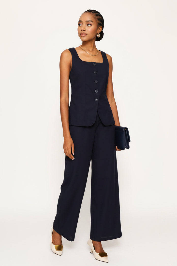 Pleated Wide Leg Trouser - Dark Navy