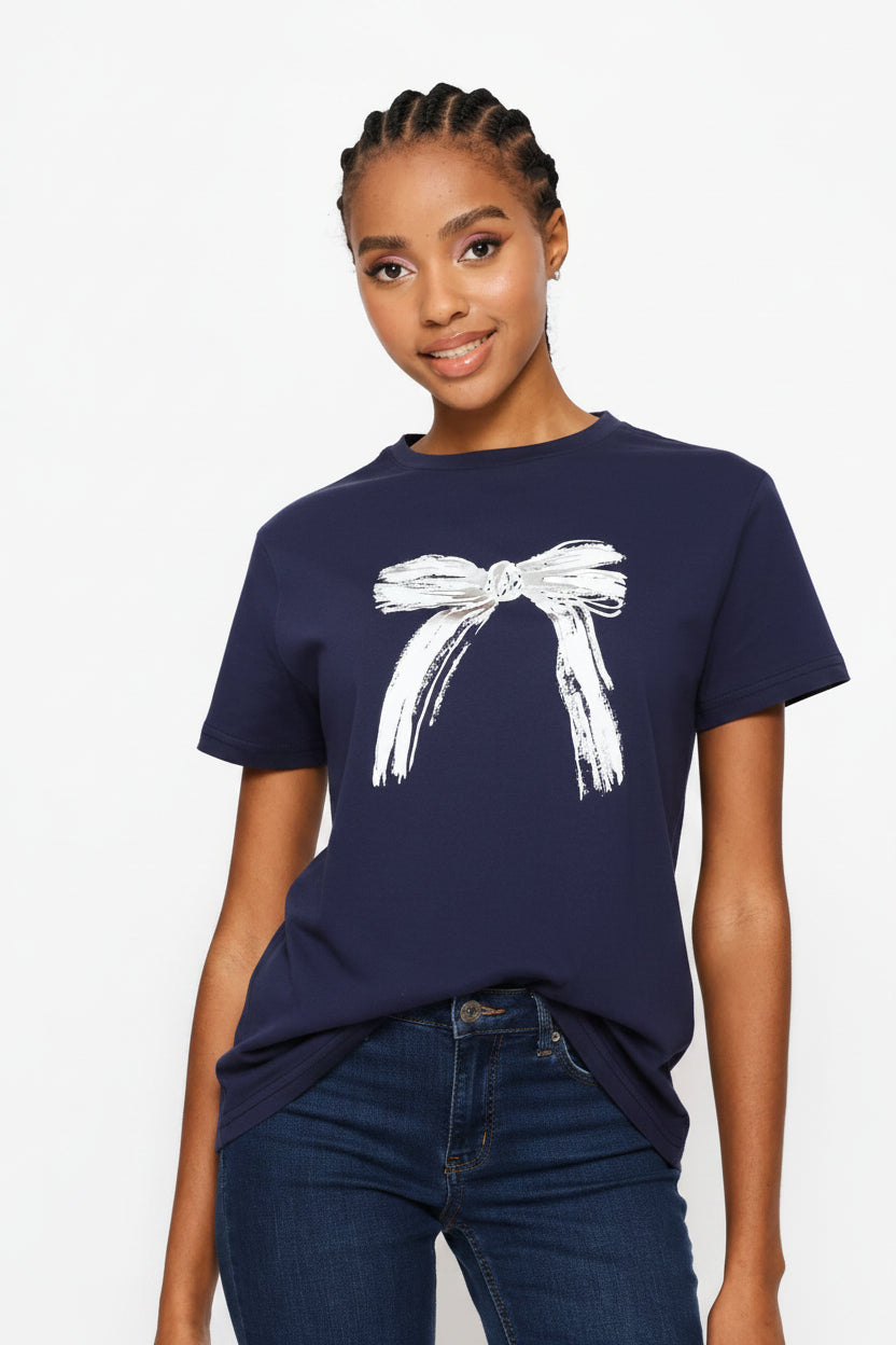 Paint Brush Bow Tee - French Navy