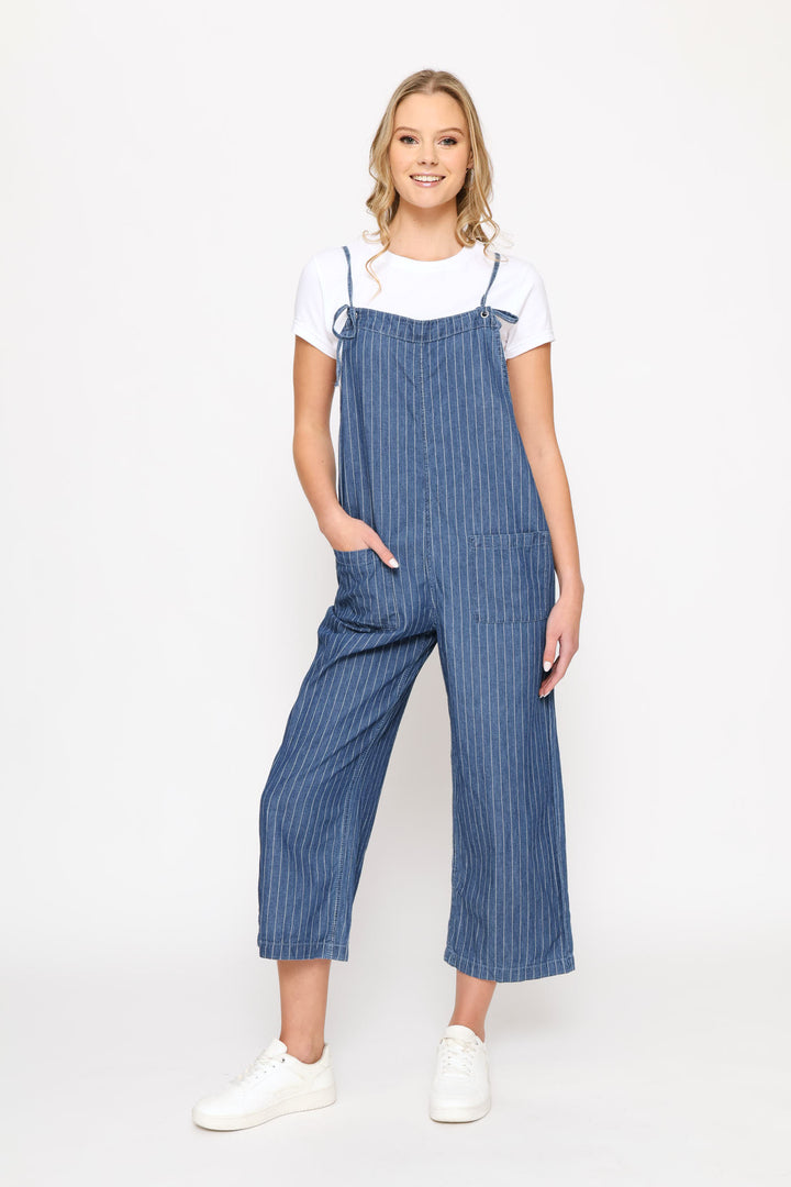 Pin Stripe Wash Pocket Jumpsuit - Mid Blue