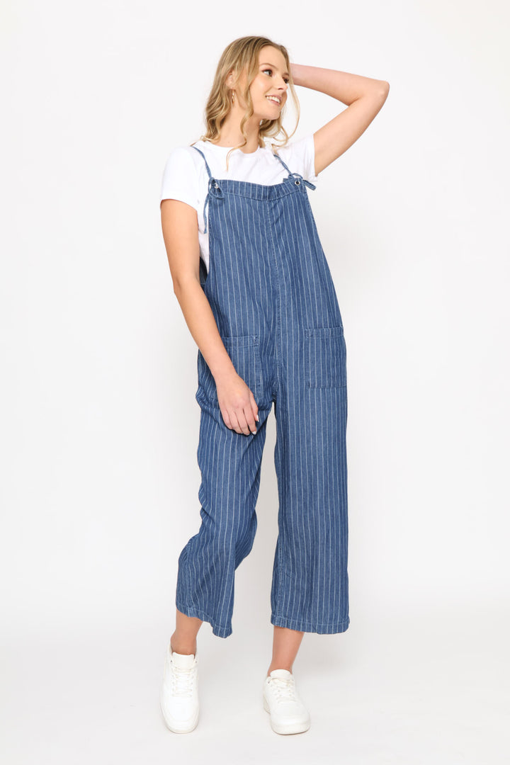 Pin Stripe Wash Pocket Jumpsuit - Mid Blue