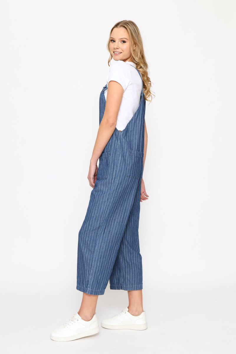 Pin Stripe Wash Pocket Jumpsuit - Mid Blue