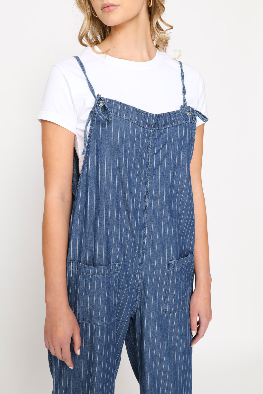 Pin Stripe Wash Pocket Jumpsuit - Mid Blue