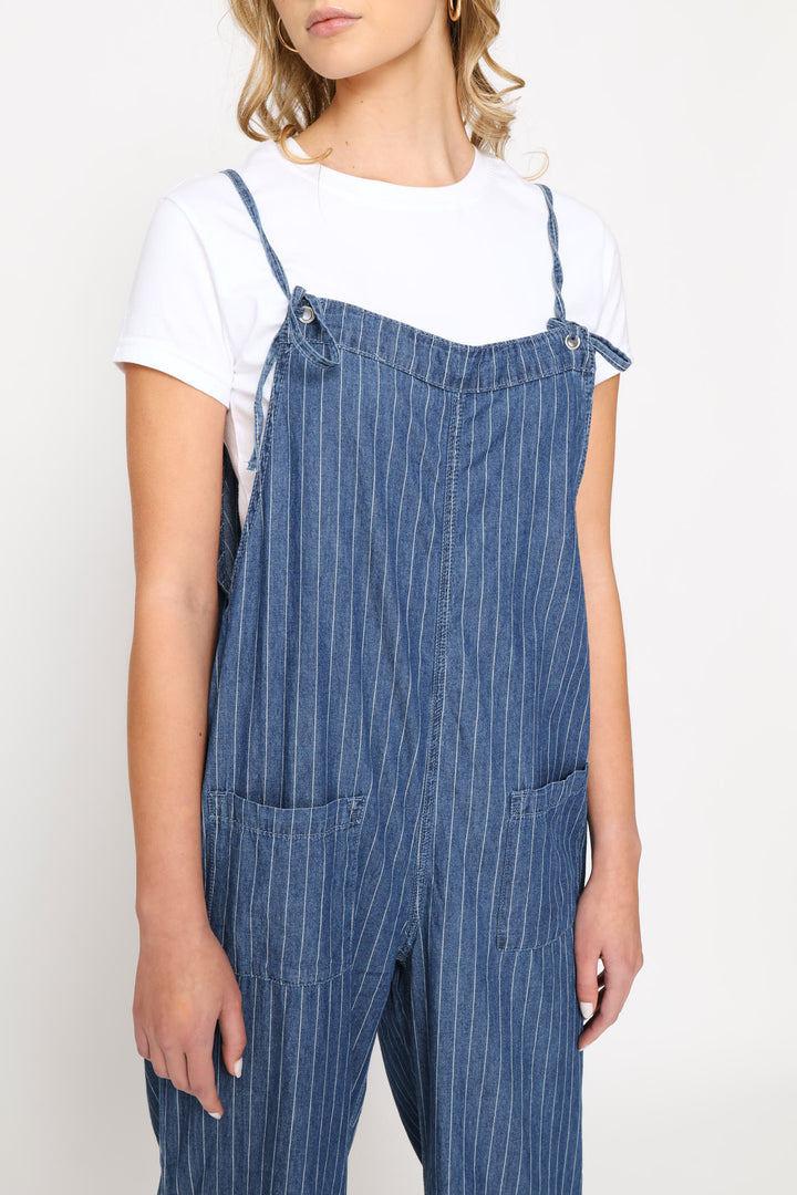 Pin Stripe Wash Pocket Jumpsuit - Mid Blue
