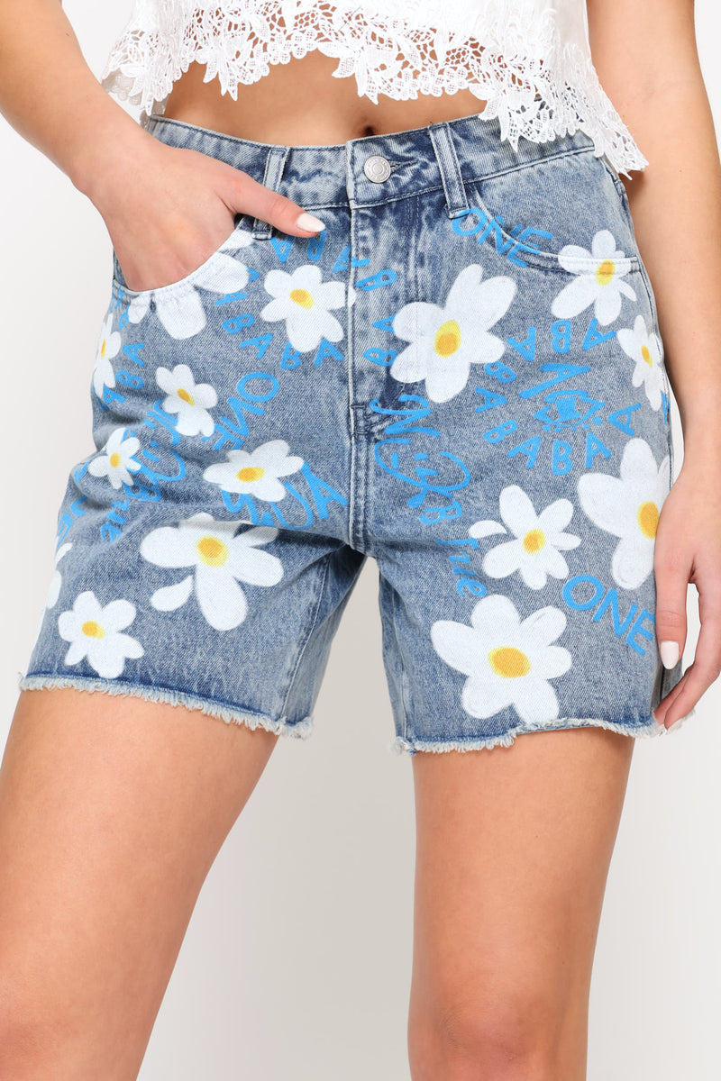 Flower Denim Short - Blue