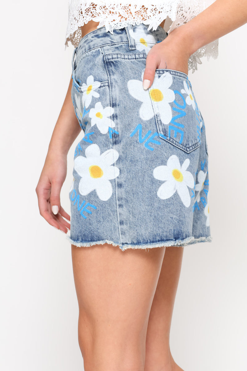 Flower Denim Short - Blue