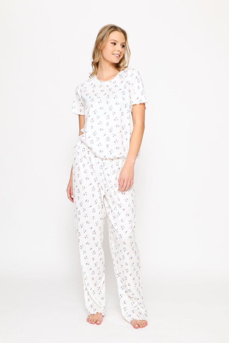 Brushed Pointelle Ditsy Sleep Pant - White