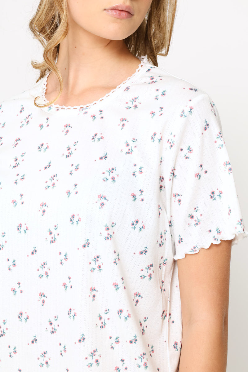 Brushed Pointelle Ditsy Sleep Tee - White